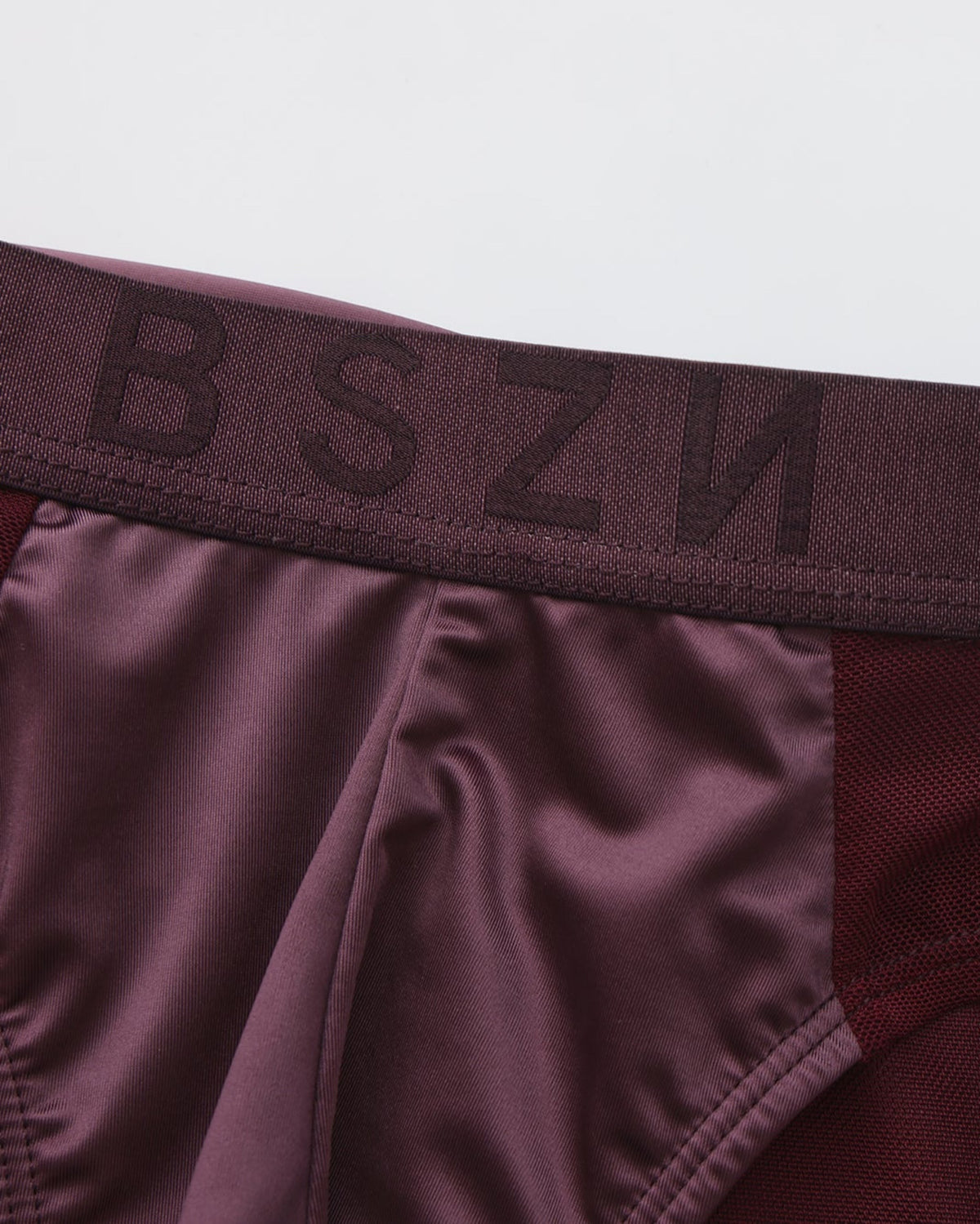 BSZN Satin Scarf Mesh Brief — Purple BSZN waistband detail.