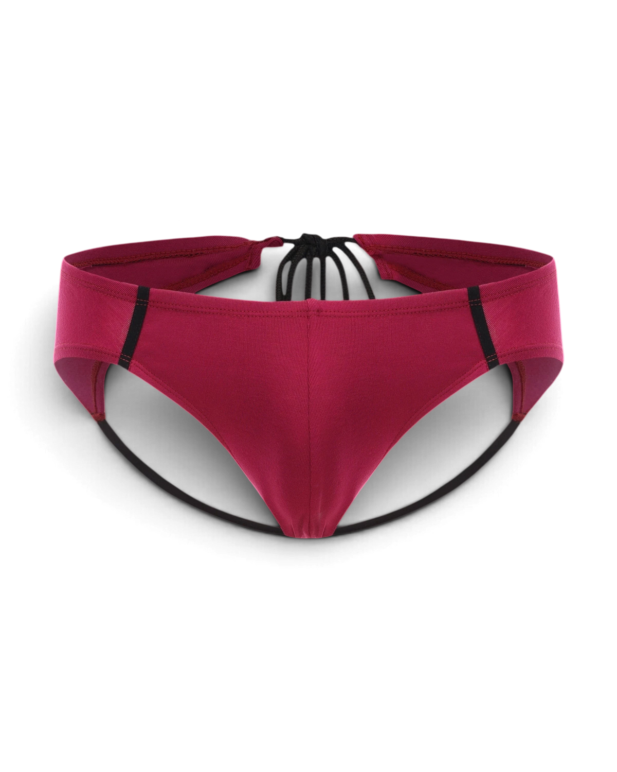 BSZN Sport Twill Brief 采用深红色斜纹面料，配有运动风格腰带和黑色细带设计的低腰修身男士内裤。