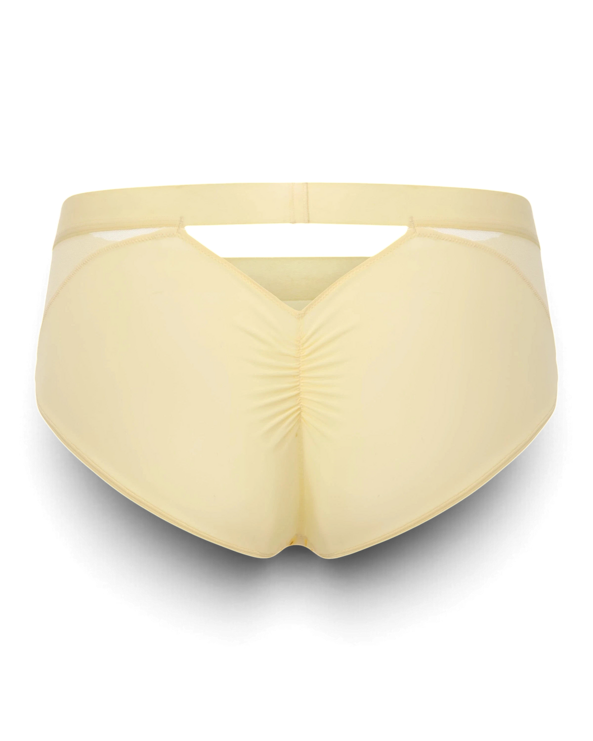 BSZN V-Cut Mesh Brief in pale yellow featuring a triangular back cutout, sheer side panels, and center-back ruching.