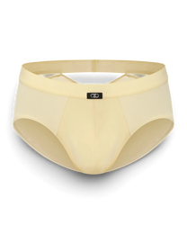 BSZN V-Cut Mesh Brief in beige, featuring a sculpted front panel, semi-sheer mesh sides, and a branded center tag.