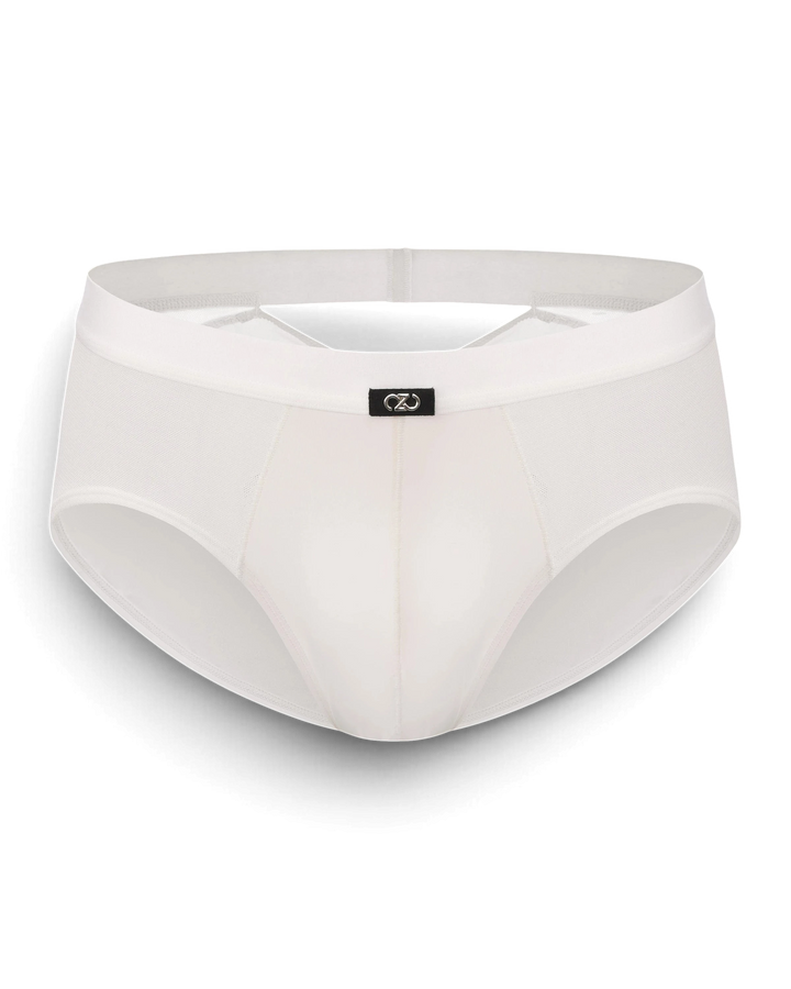 BSZN V-Cut Mesh Brief in Glacier Lilac, featuring semi-sheer mesh panels, a sculpted front, and a branded logo tag.