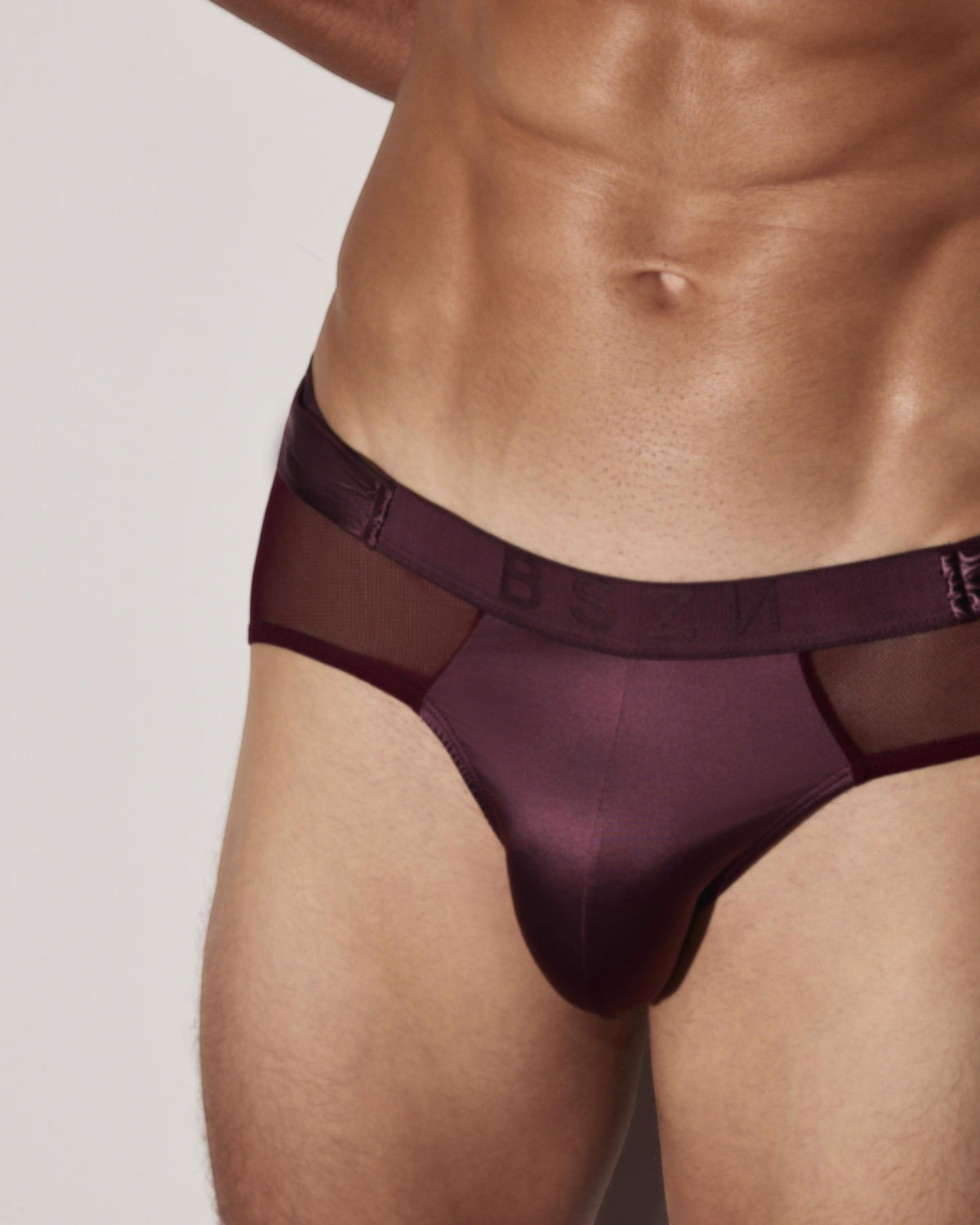 BSZN Satin Scarf Mesh Brief — Purple front waistband on model.