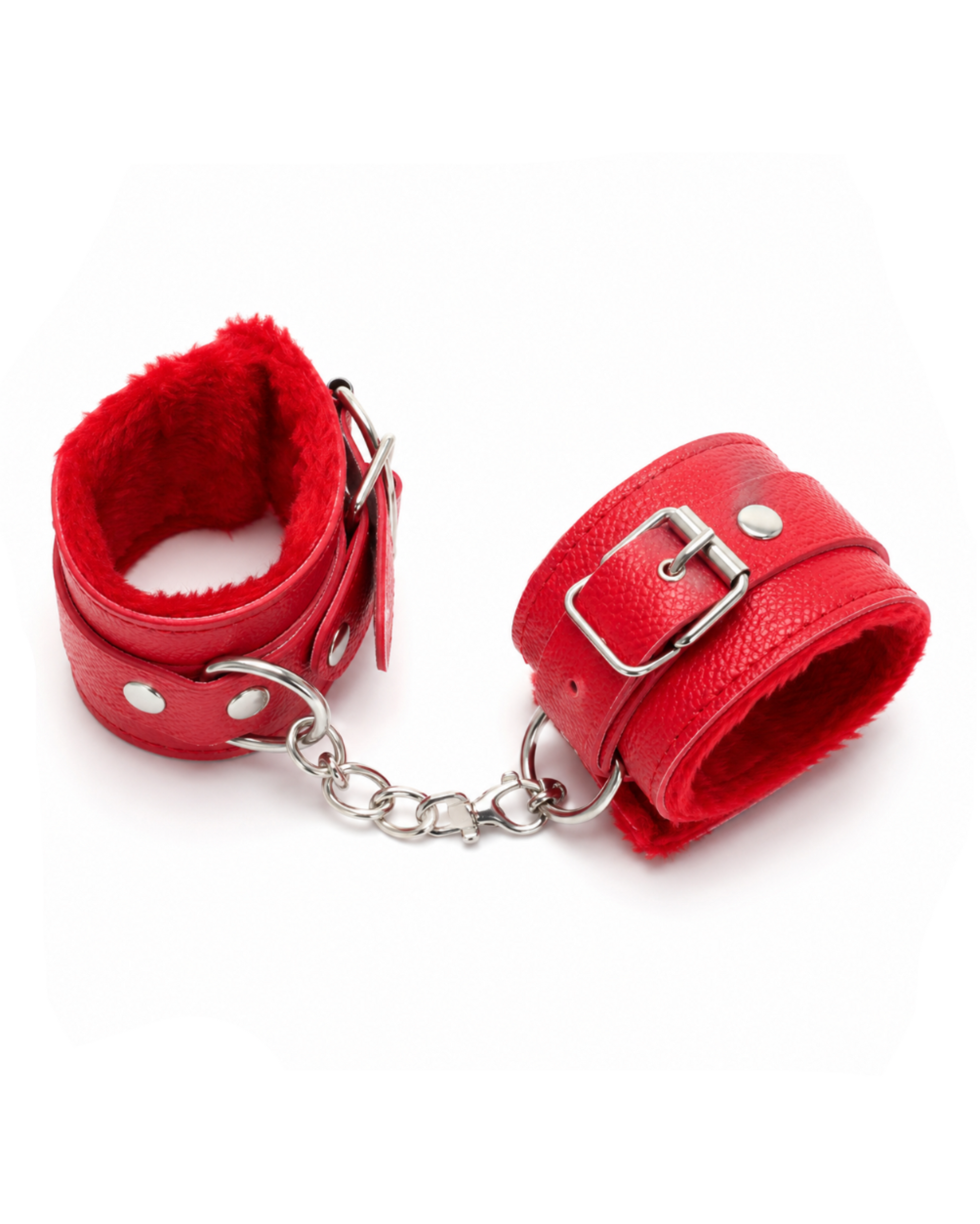 BSZN Red Chain-Linked Wrist Cuffs, angled product view with silver-tone linking chain