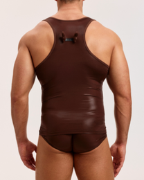 Model wearing the brown BSZN Liquid Skin Racerback Tank Top, back view