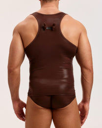 Model wearing the brown BSZN Liquid Skin Racerback Tank Top, back view