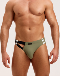 BSZN Net Breaker Cutout Mesh Brief, in green on model, front view