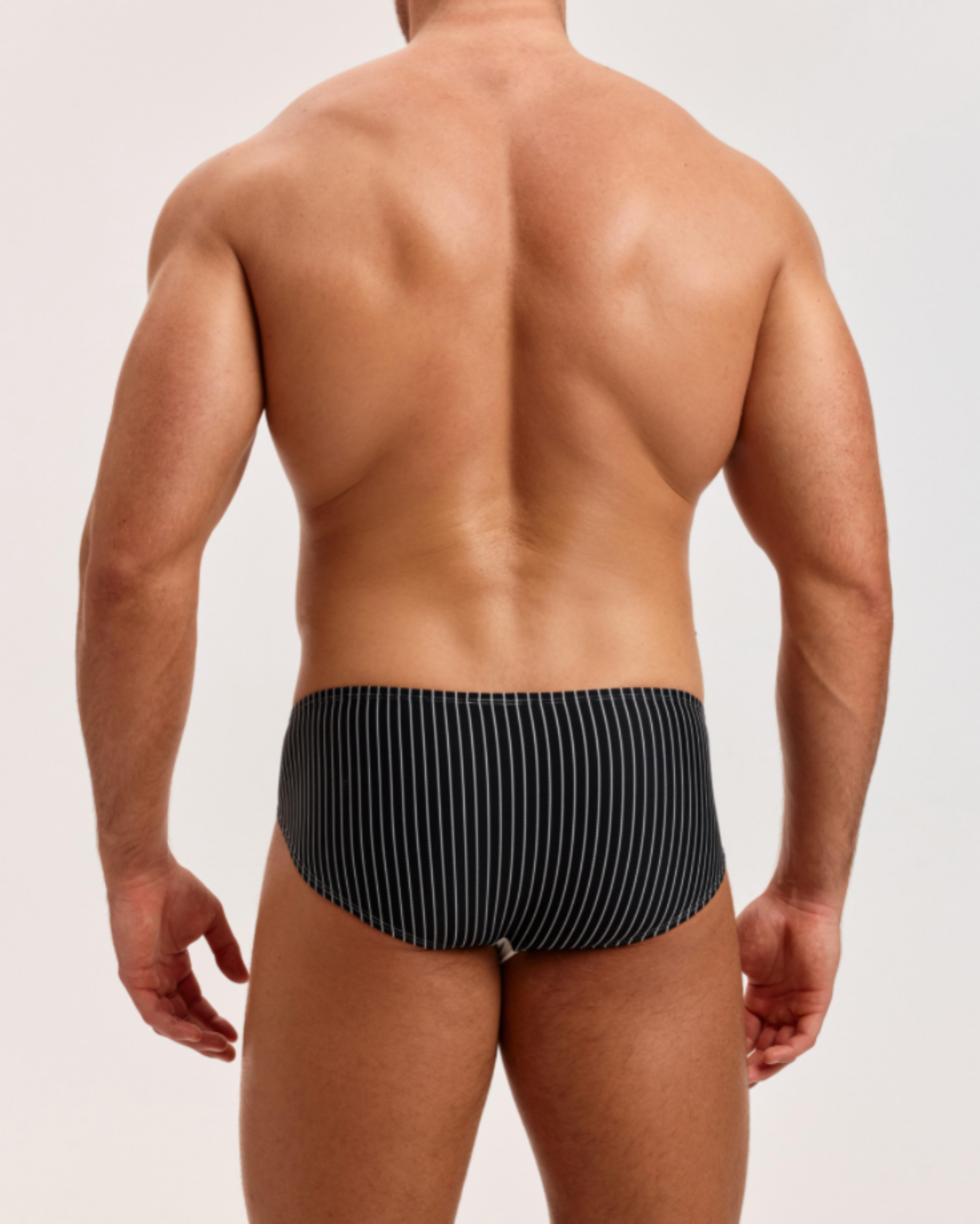 BSZN Temptation Served Pinstripe Brief, on model, rear view