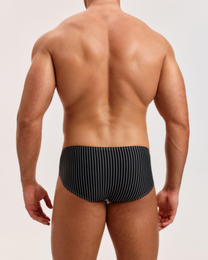 BSZN Temptation Served Pinstripe Brief, on model, rear view