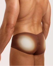 BSZN Sheer V-Waist Ruched-Back Brief, brown colorway on model, full-coverage ruched rear view