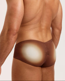 BSZN Sheer V-Waist Ruched-Back Brief, brown colorway on model, full-coverage ruched rear view